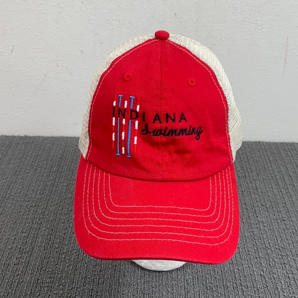 Indiana Swimming Trucker Hat Unisex Adjustable Red Tan Mesh Back Sportsman